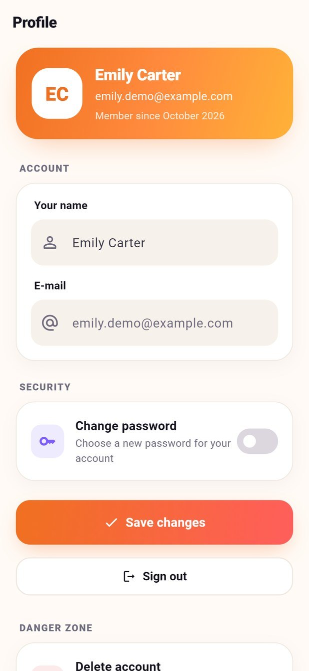 Event Reminder profile screen with your name, e-mail and change password