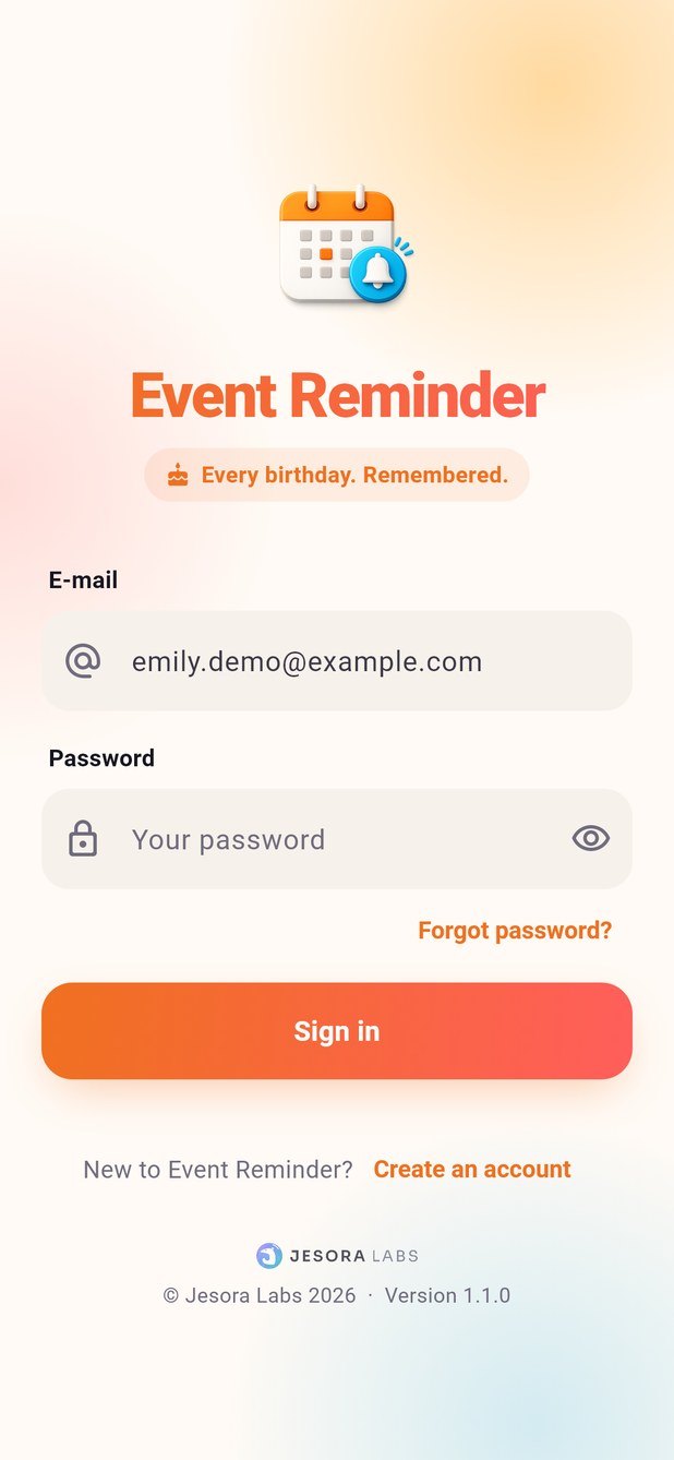 Event Reminder sign-in screen with biometric sign-in