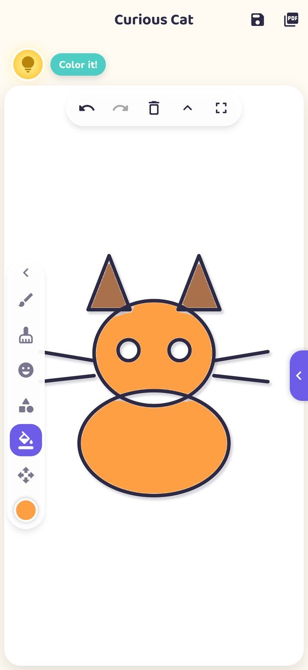 An Inkora coloring page of a cat, being filled with the fill bucket