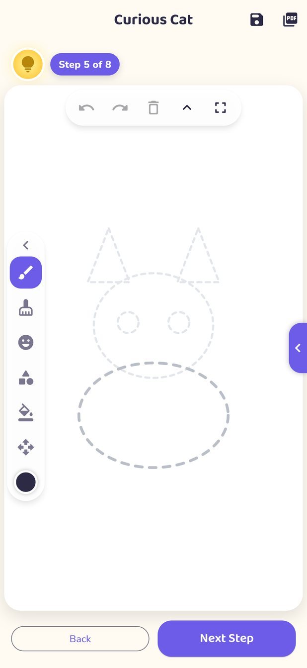 An Inkora drawing tutorial: the cat, step 5 of 8, with a hint for every step