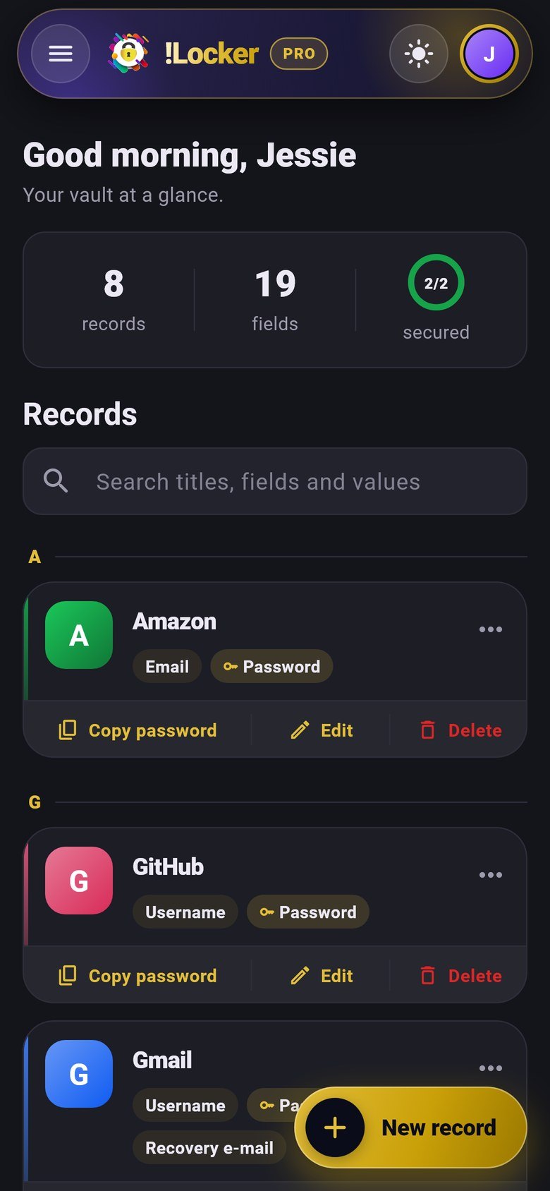 !Locker records in the dark theme on a phone