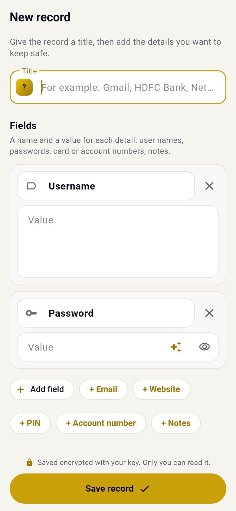 Adding a record on a phone with a title and suggested fields