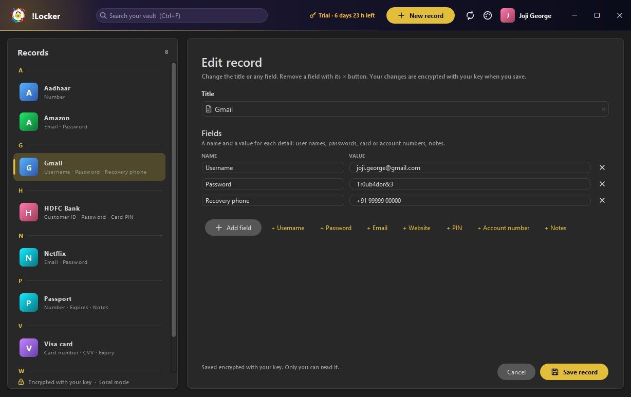 !Locker for Windows editing a record