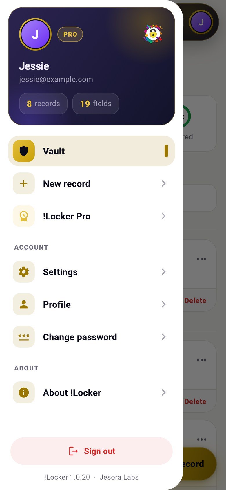 !Locker side menu with your profile, your plan and every page of the app