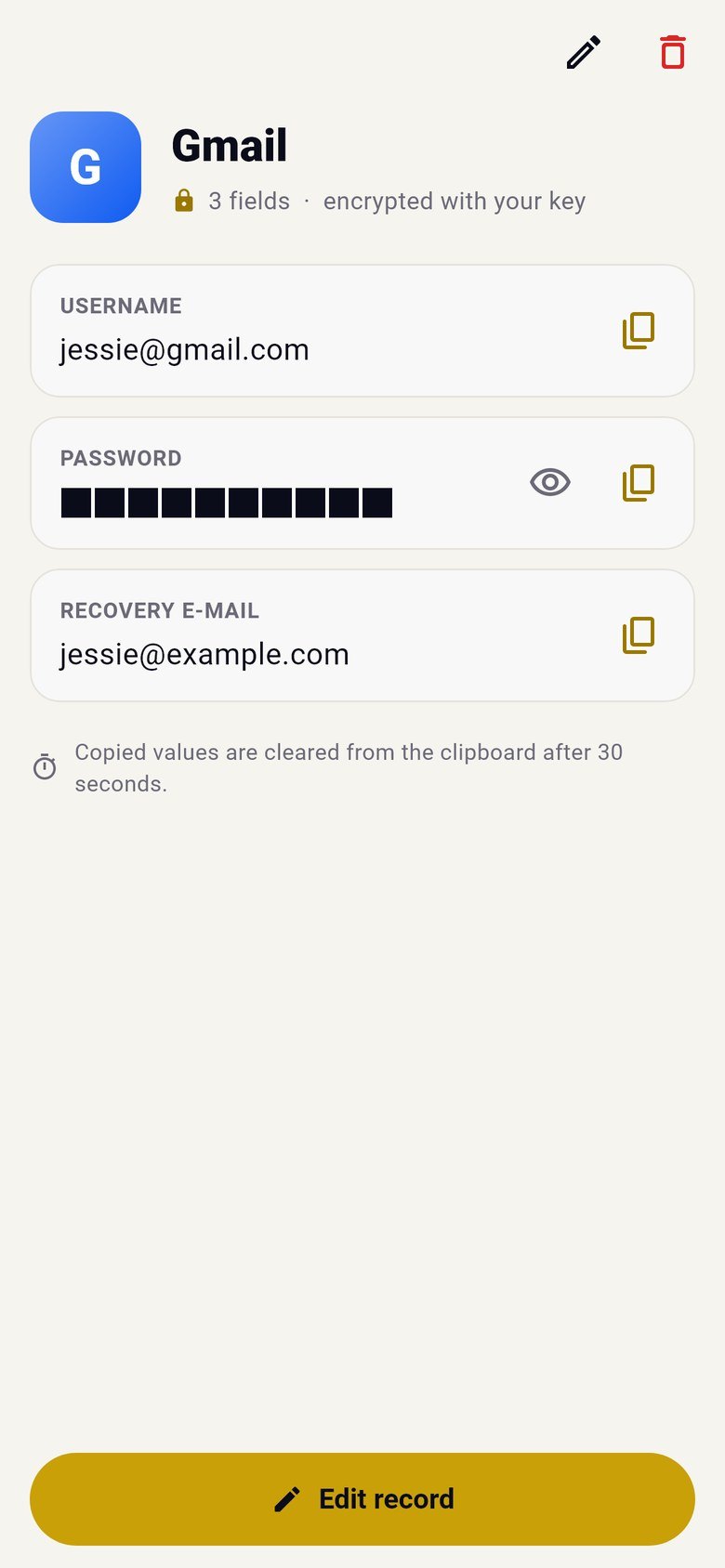 A record on a phone with its password hidden until you show it