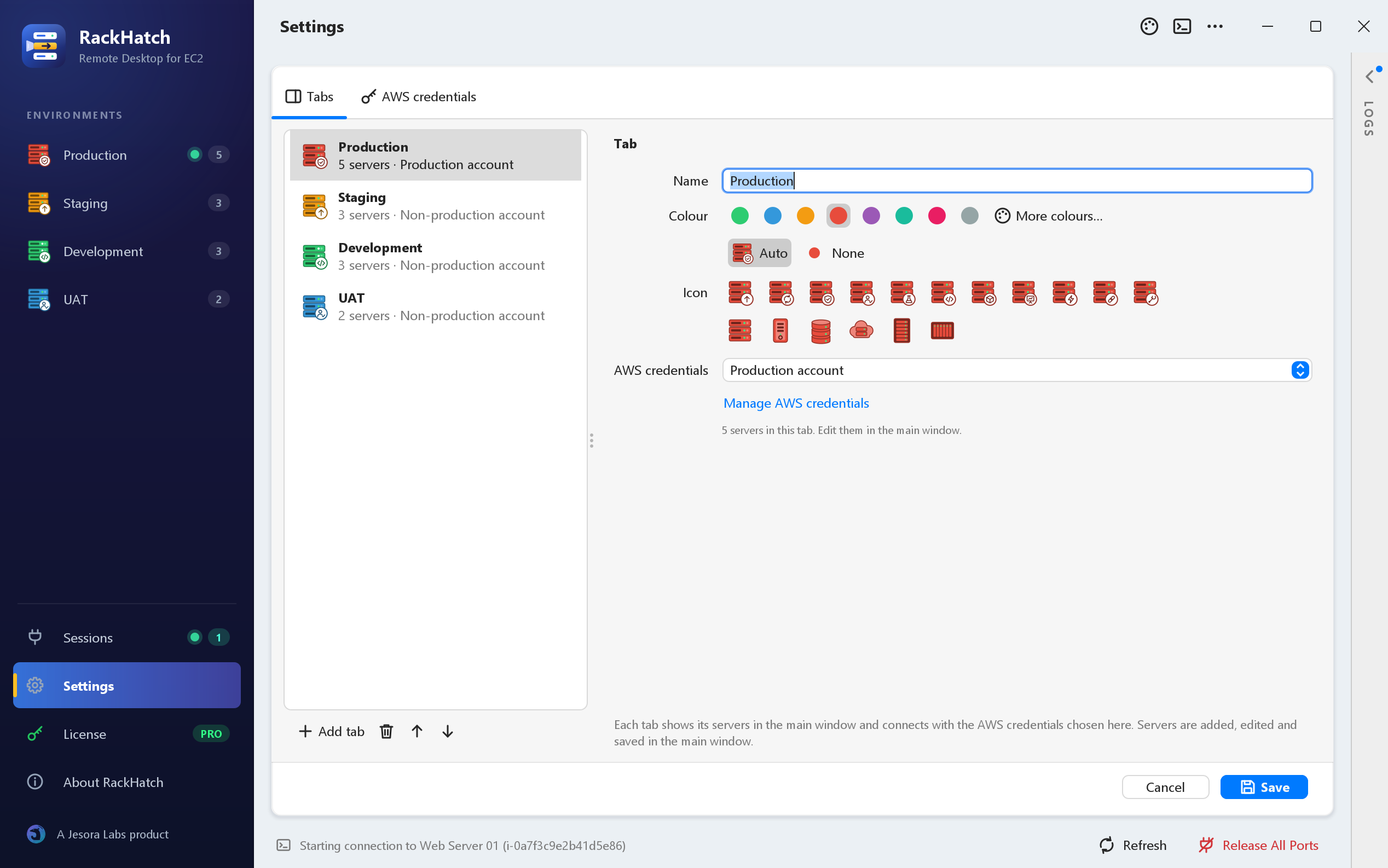 RackHatch settings for an environment: name, colour, icon and AWS credentials