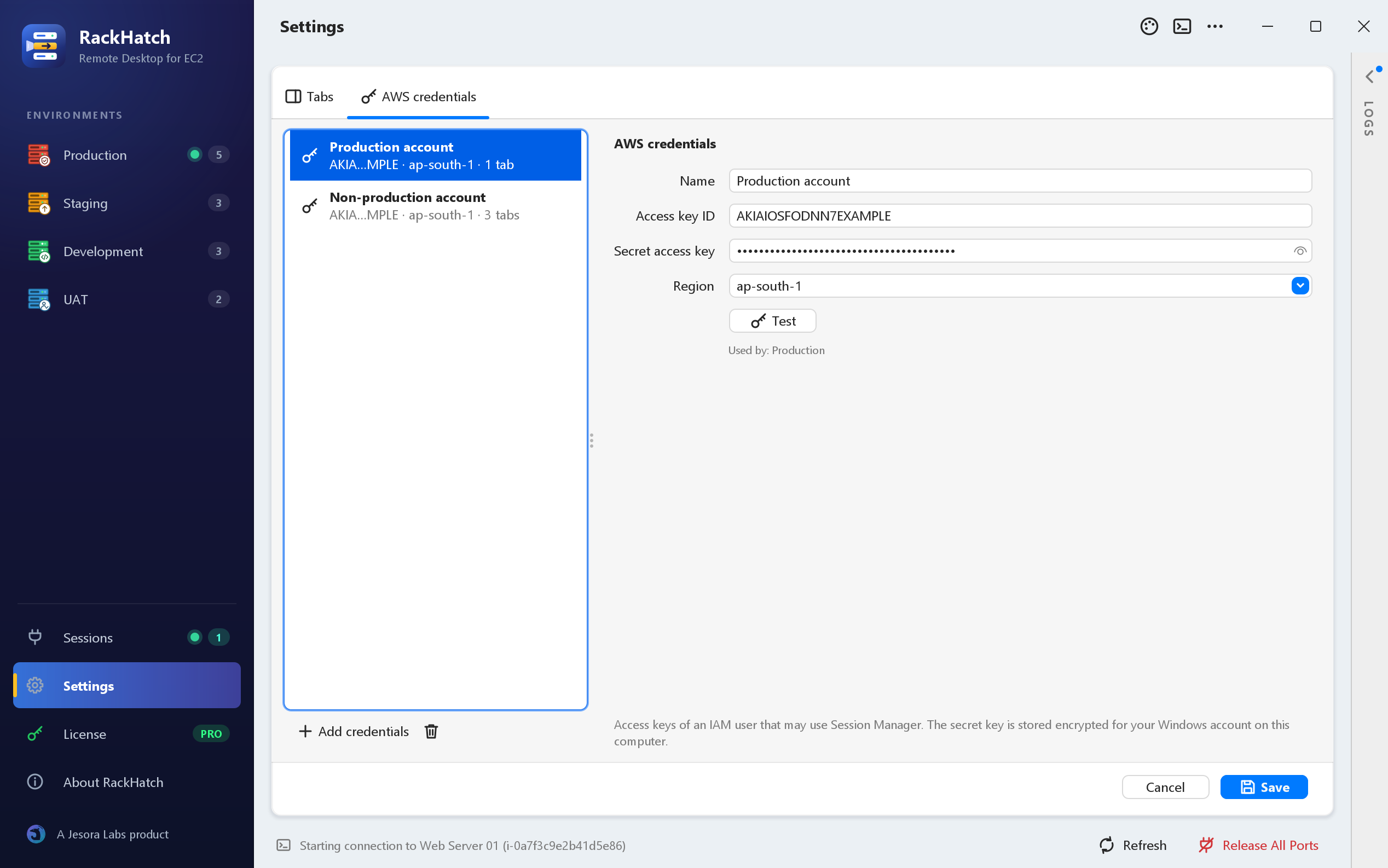 RackHatch AWS credentials settings with access key, region and a Test button
